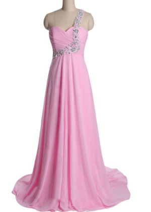 One Shoulder Chiffon Beads Long Prom Dress 